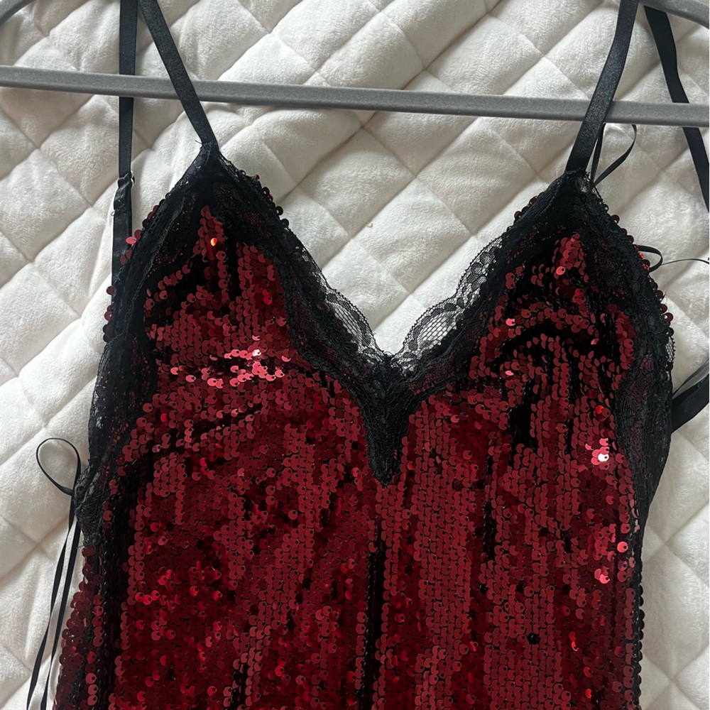 AKIRA Red Sequin Maxi Slip Dress with Black Lace Trim - Picture 3 of 6